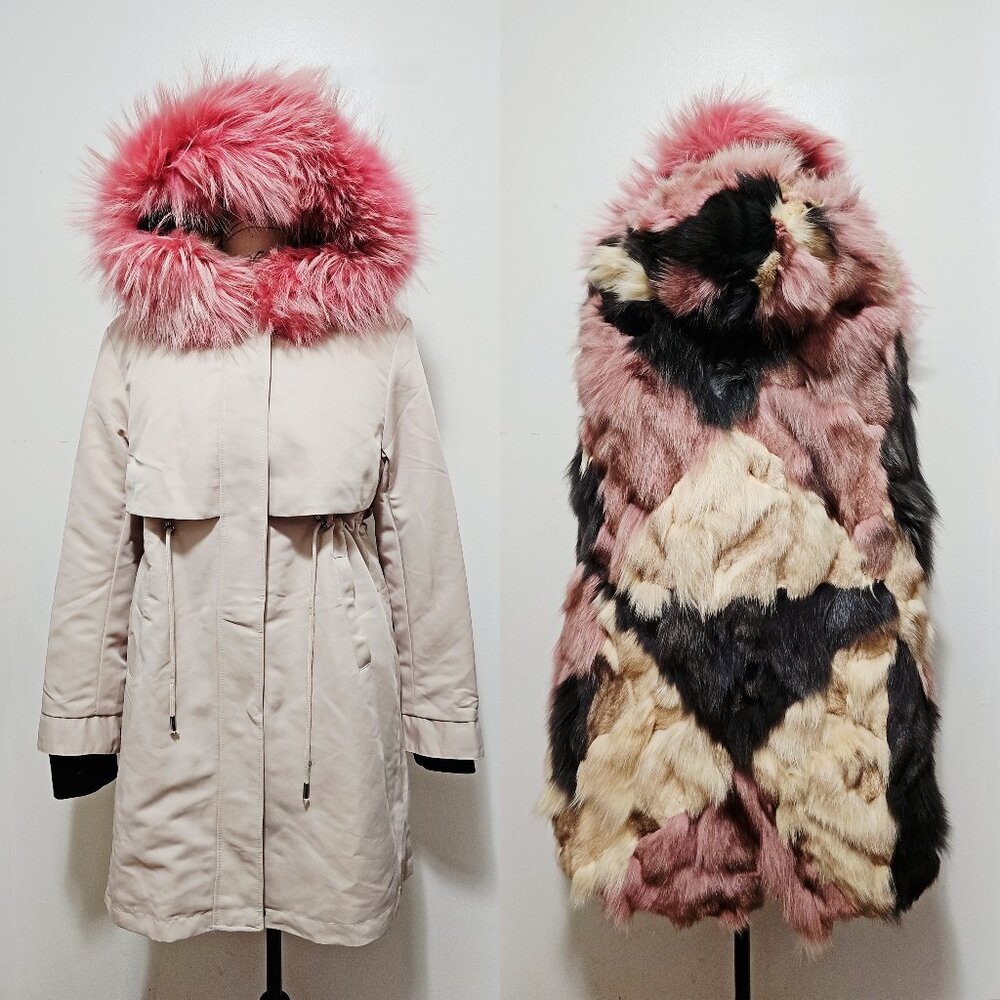 New Real Fox Fur-Lined Parka Coat Puffer Jacket Cream White Pink Ivory No Mink